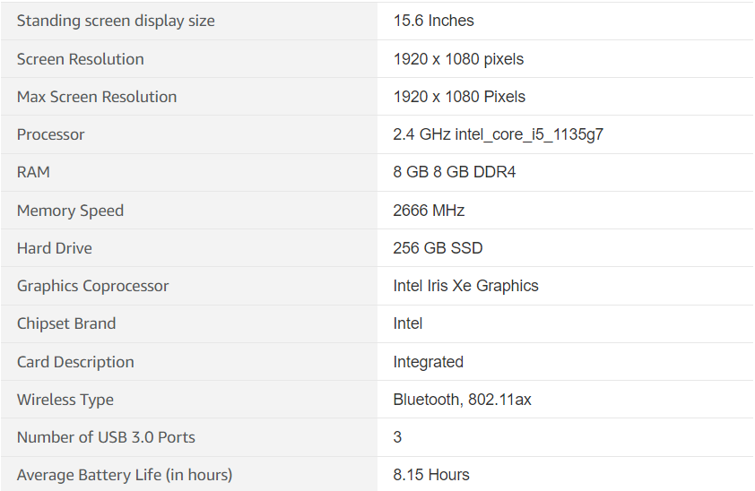 Technical specification of intel core i5 hp Laptop tagged as best laptop for college student on amazon