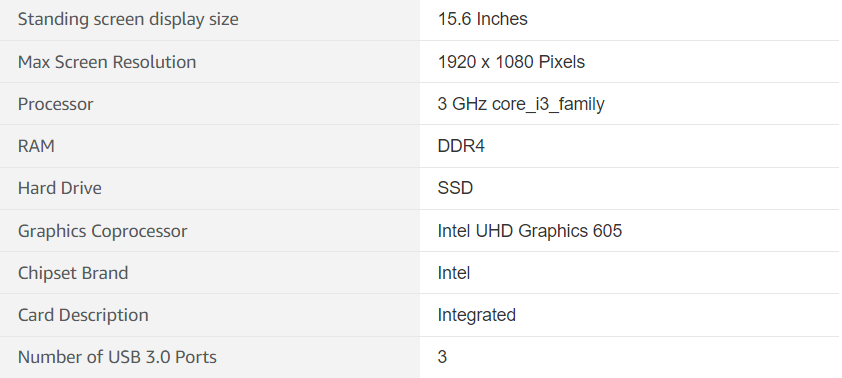 Technical specification of core i3 hp laptop for college student on amzon