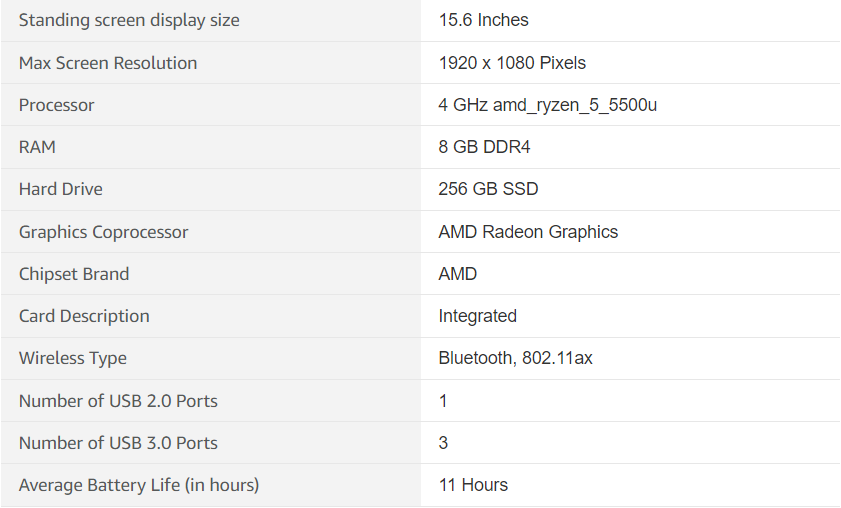 Technical Specification of acer Aspire 5 laptop for college student on amazon.